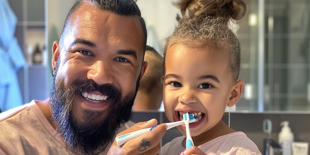 Pai escovando os dentes da filha com uma escova de dente infantil
