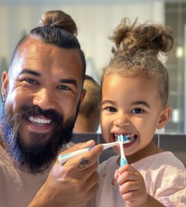 Pai escovando os dentes da filha com uma escova de dente infantil