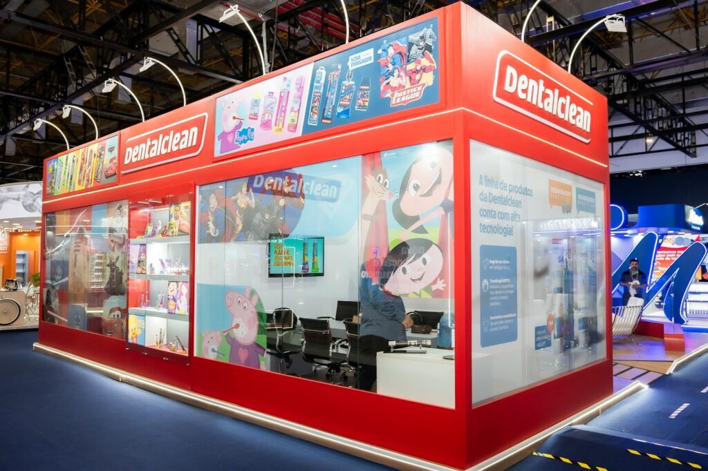 a red booth with a display of products