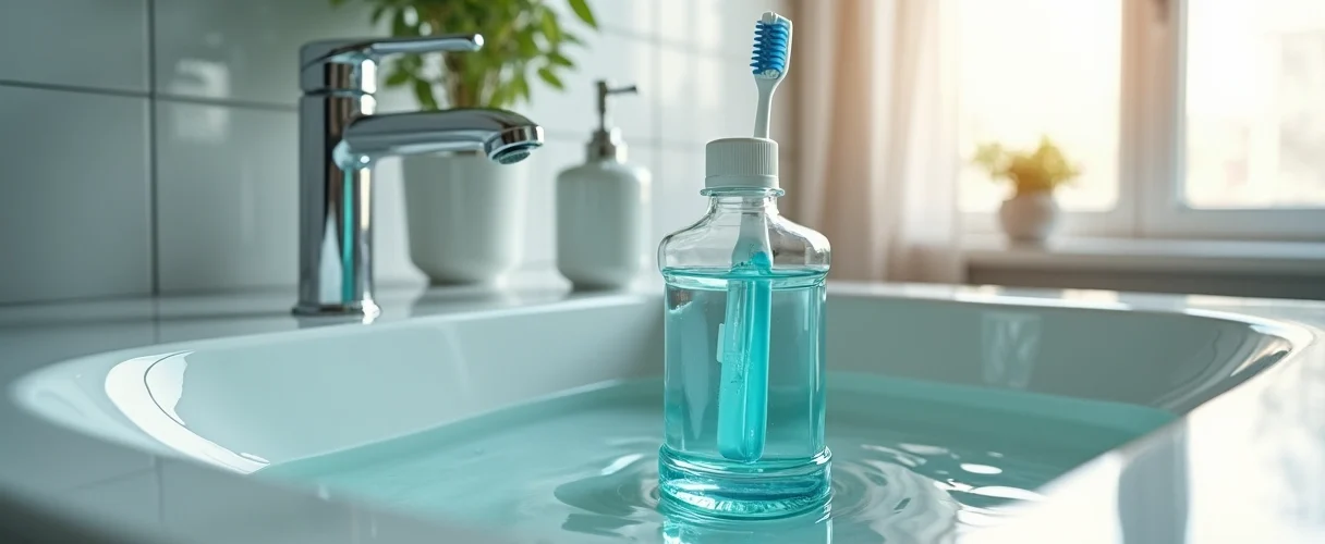 Frasco de antisséptico bucal ao lado de uma escova de dente sobre pia de banheiro iluminada