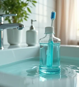 Frasco de antisséptico bucal ao lado de uma escova de dente sobre pia de banheiro iluminada