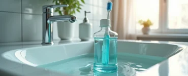 Frasco de antisséptico bucal ao lado de uma escova de dente sobre pia de banheiro iluminada