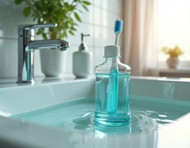 Frasco de antisséptico bucal ao lado de uma escova de dente sobre pia de banheiro iluminada