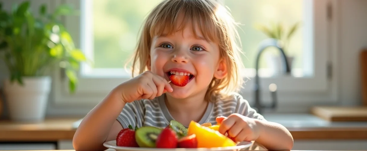 Criança sorrindo comendo frutas frescas variadas em uma cozinha iluminada