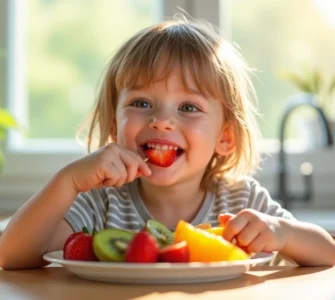 disfagia Criança sorrindo comendo frutas frescas variadas em uma cozinha iluminada