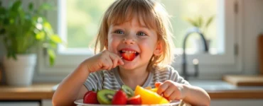Criança sorrindo comendo frutas frescas variadas em uma cozinha iluminada
