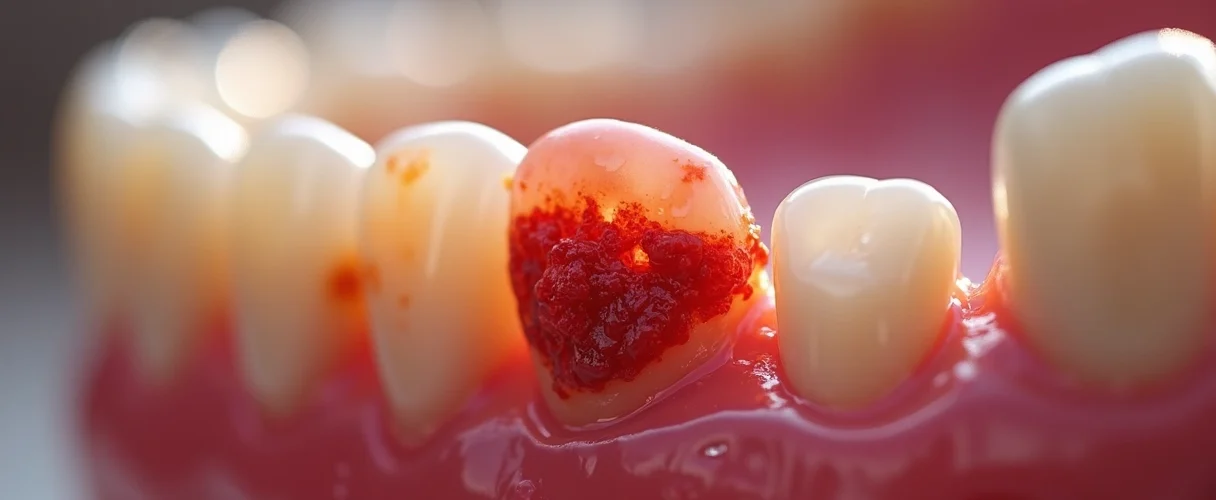 Close-up ultra detalhado de gengivas inflamadas com sinais de periodontite mostrando retração gengival e placa bacteriana visível