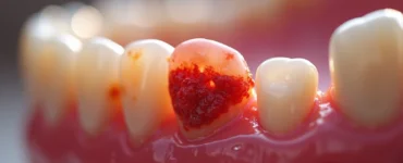 Close-up ultra detalhado de gengivas inflamadas com sinais de periodontite mostrando retração gengival e placa bacteriana visível