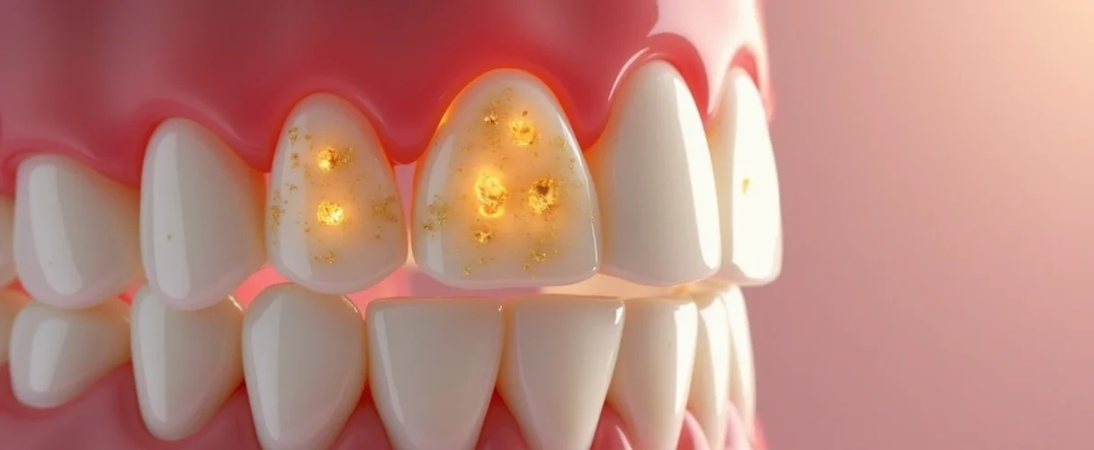 Vista detalhada de boca mostrando dentes e gengivas com placa bacteriana visível em áreas próximas à gengiva