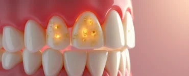Vista detalhada de boca mostrando dentes e gengivas com placa bacteriana visível em áreas próximas à gengiva