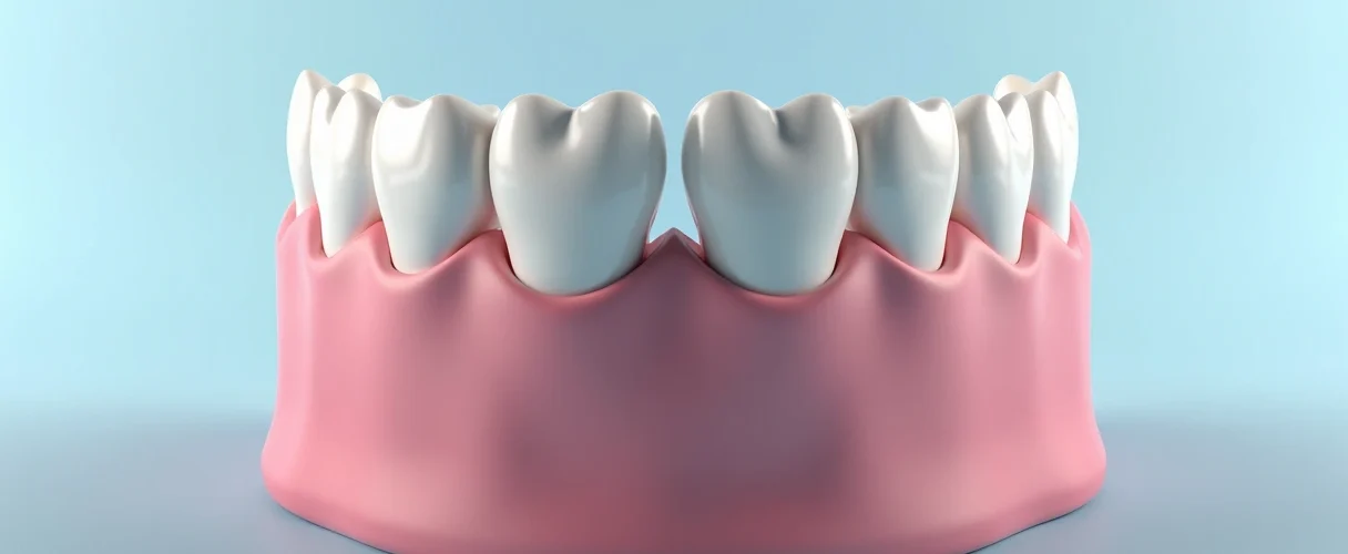 Representação 3D ultra-detalhada de dentadura com mordida cruzada mostrando alinhamento incorreto dos dentes superiores e inferiores