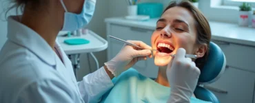 Dentista realizando procedimento de profilaxia dental com paciente sentado na cadeira clínica, instrumentos odontológicos à frente