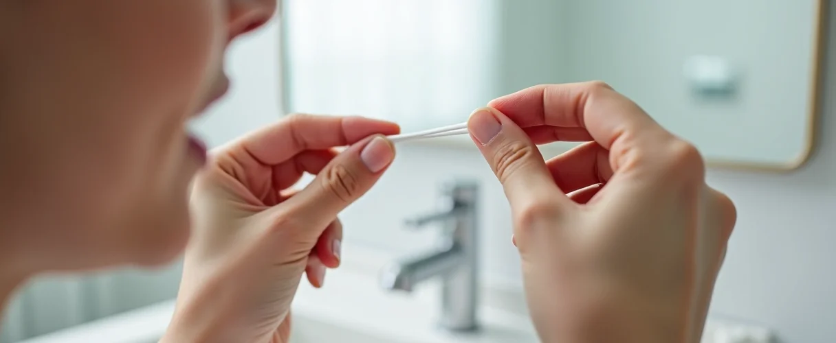 Mãos segurando fio dental próximo aos dentes com técnica correta