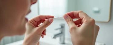 Mãos segurando fio dental próximo aos dentes com técnica correta