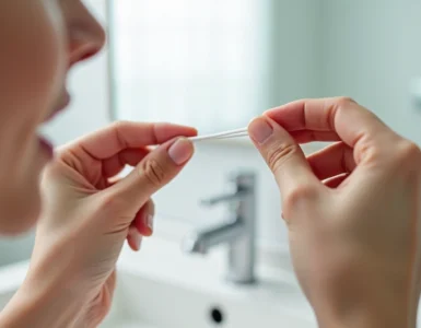 saúde bucal Mãos segurando fio dental próximo aos dentes com técnica correta