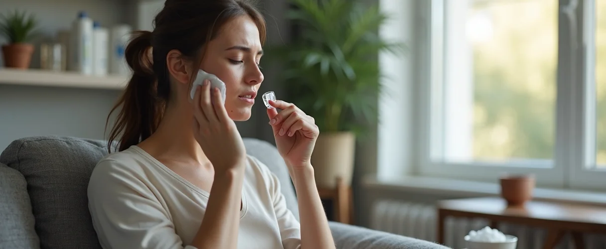 Mulher aplicando bolsa de gelo na bochecha para aliviar dor de dente em casa