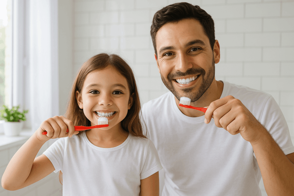 rotina de escovação divertida pai e filha escovando os dentes em rotina de escovação divertida