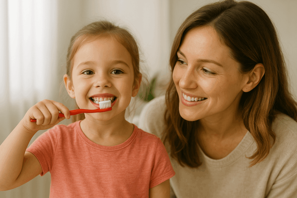 Mãe e filha sorrindo juntas com a filha escovando os dentes